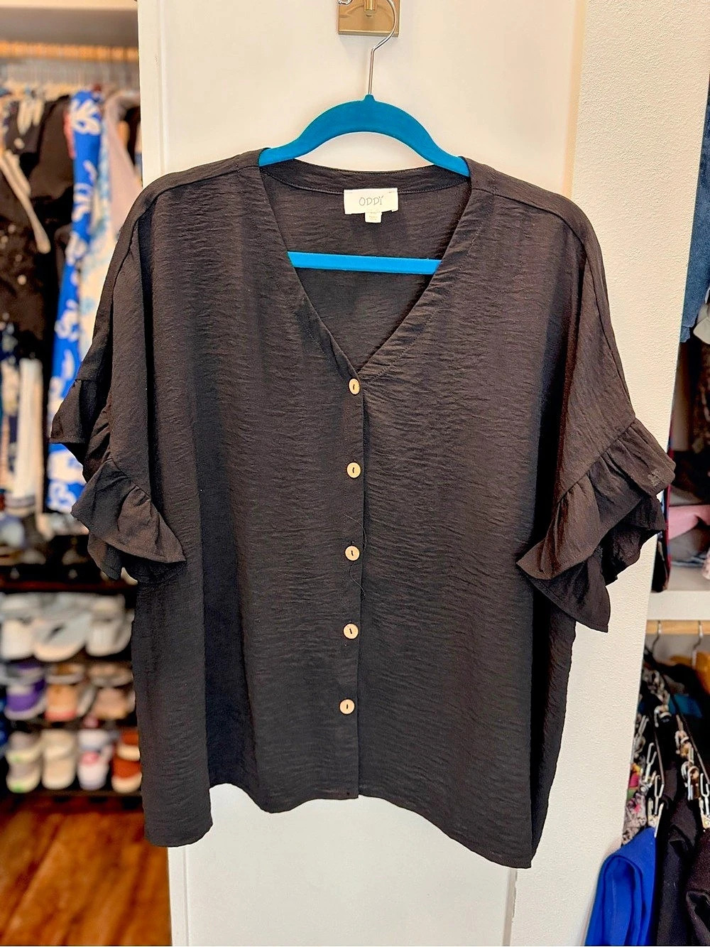 ODDI Black Ruffle Sleeve Button Front Blouse Top S/M